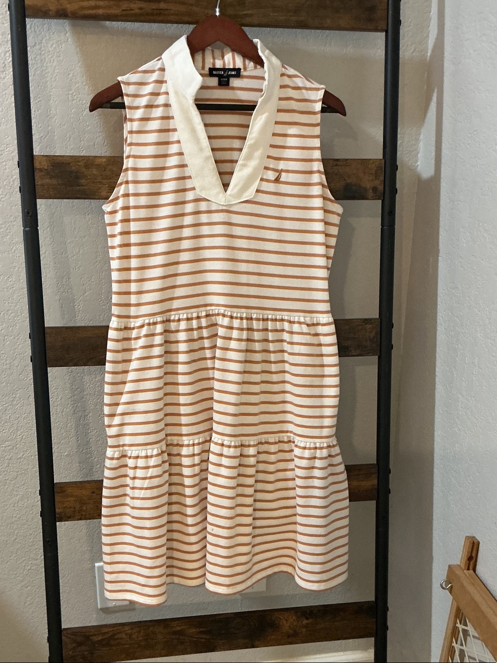 Nautica Cream and Tan Striped Sleeveless Tiered Dress